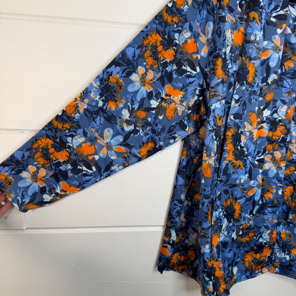 Denim & Co. Adaptive Floral Printed Blouse Neck Tie Detail 2X NEW Blue Orange - Picture 3 of 12